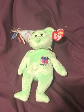 Ty Green "August" Birthday Bear with Party Hat